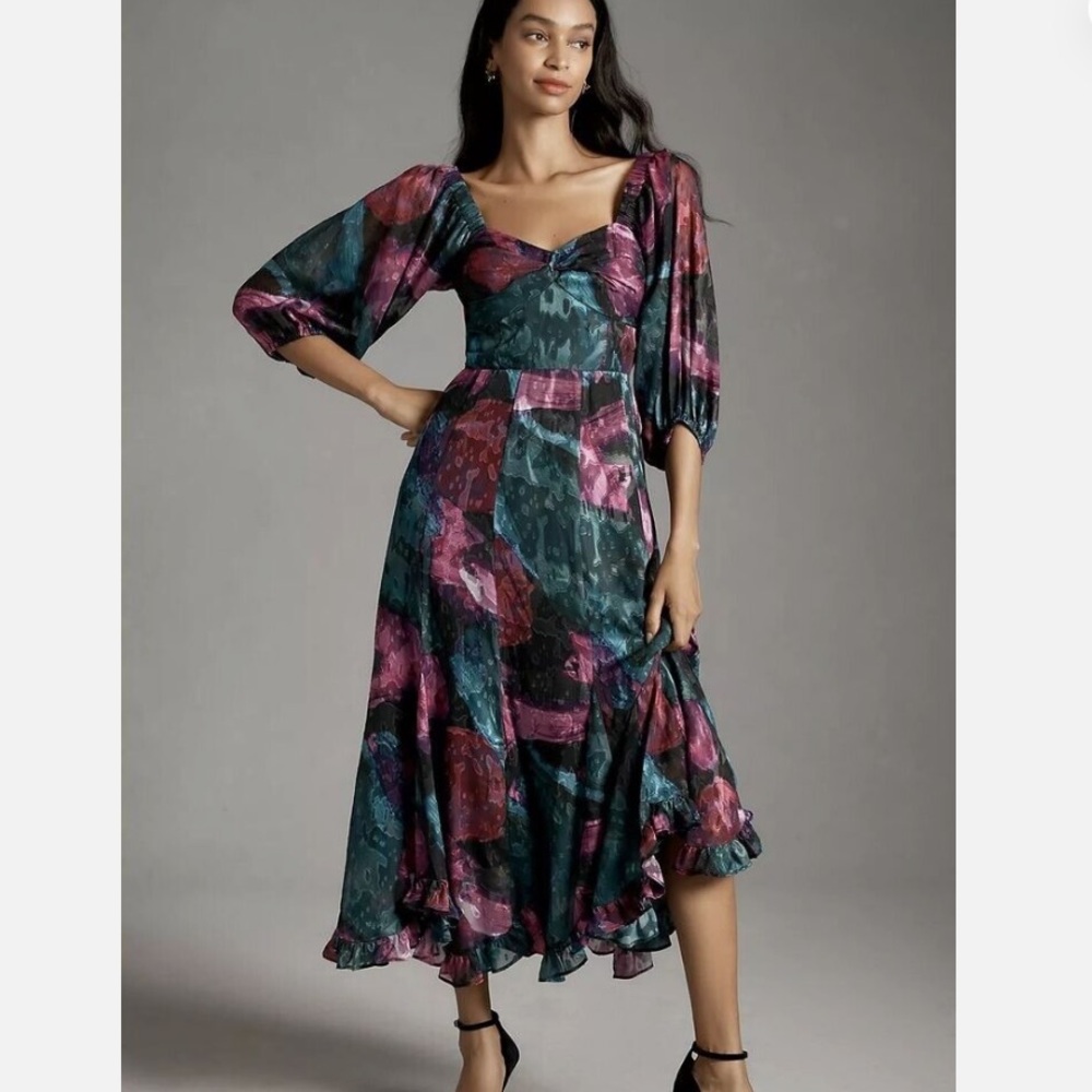 💕 $228 HUTCH FLORAL TWIST- FRONT PUFF SLEEVE RUFFLE HEM SZ MEDIUM NEW STUNNING!